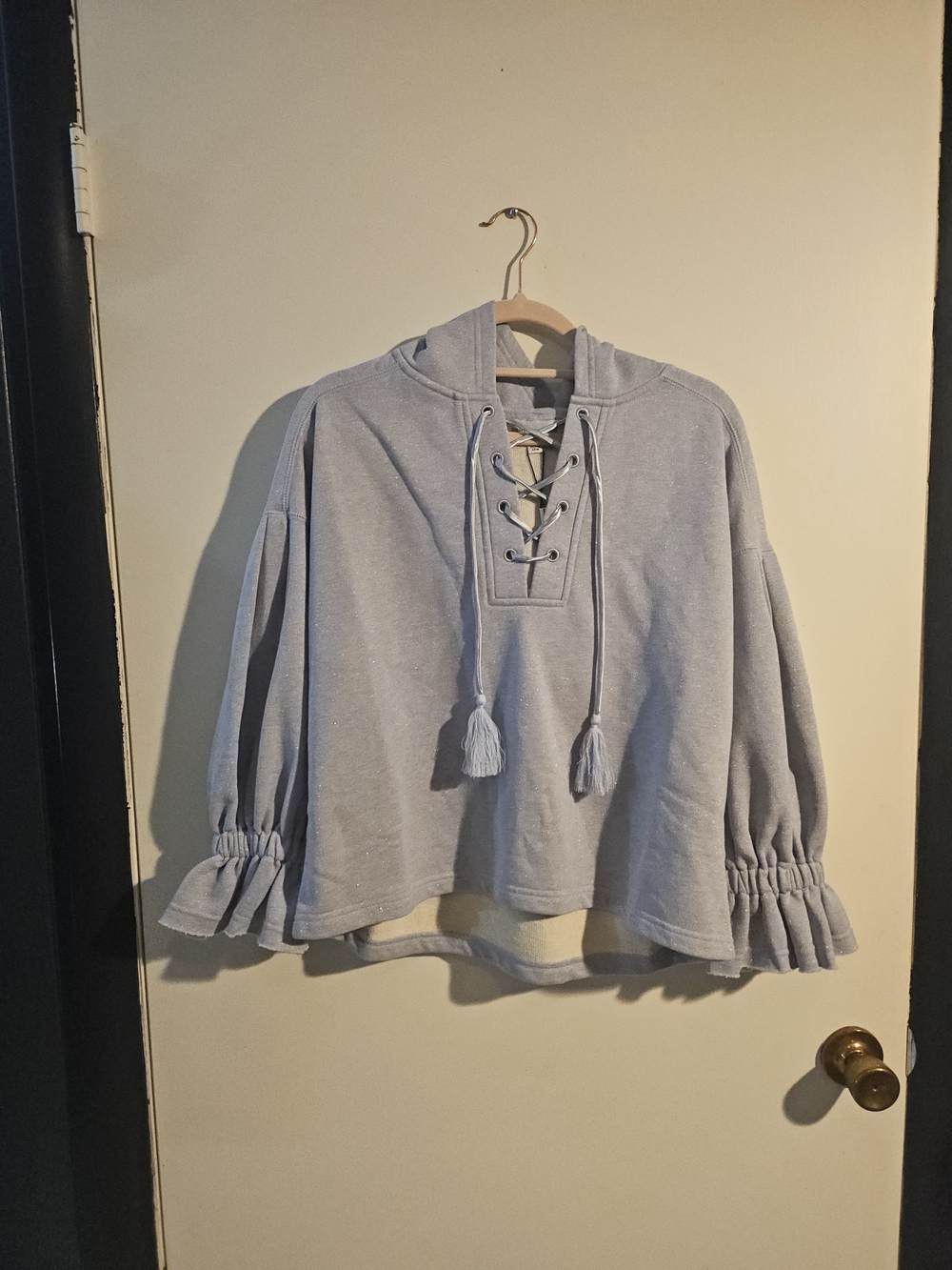 Something Navy Light Blue Lace-Up Ruffle Sleeve Hoodie
